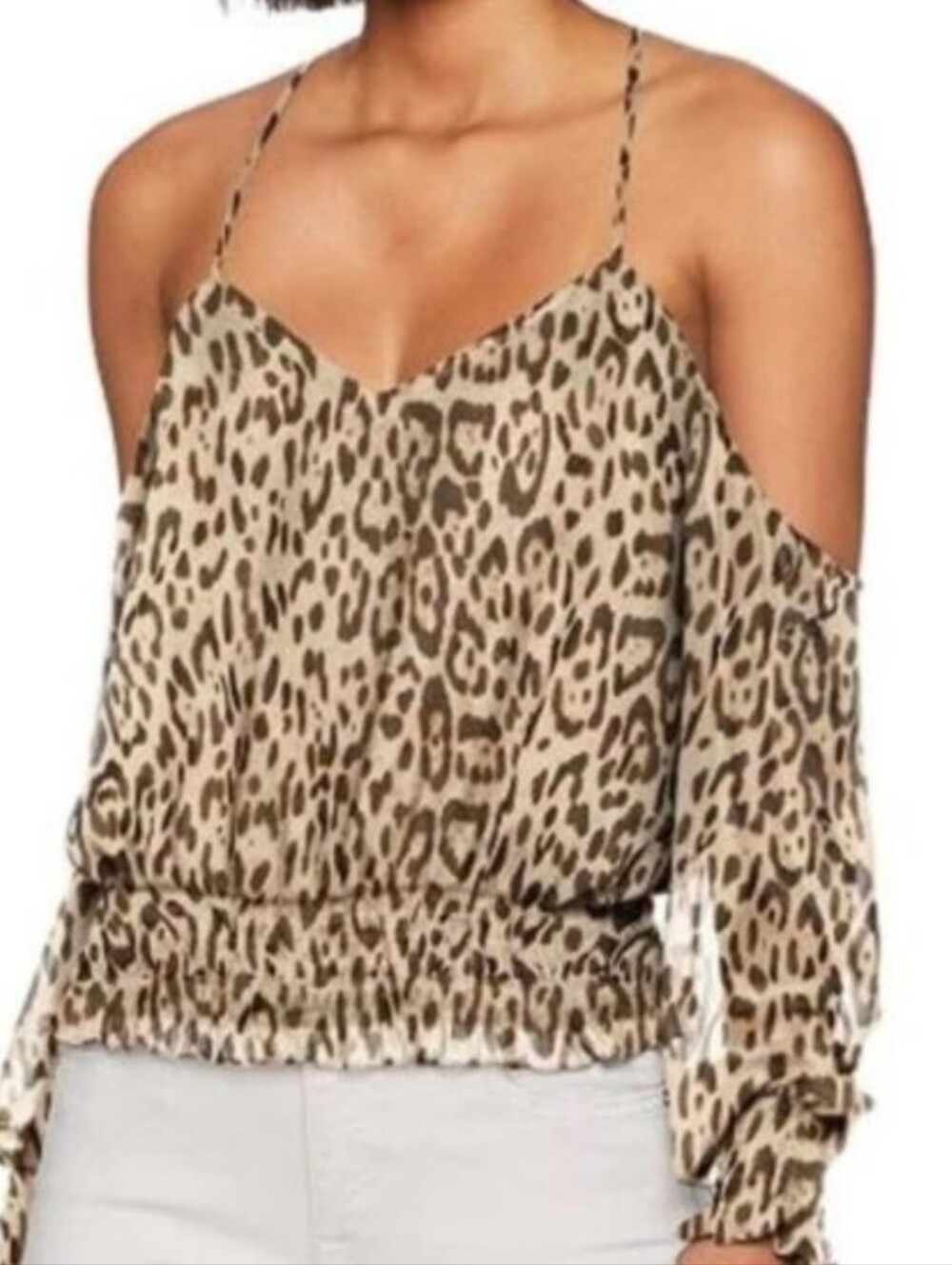 GUESS Sexy Cold Shoulder Blouse Size Small Cheetah Print Strappy Cocktail Wear